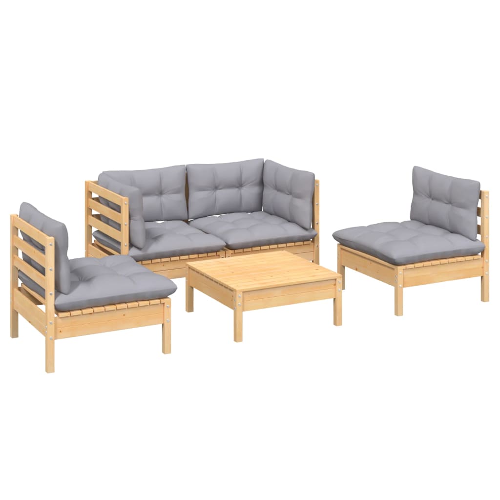 5 Pcs conjunto lounge de jardim + almofadões cinza pinho maciço