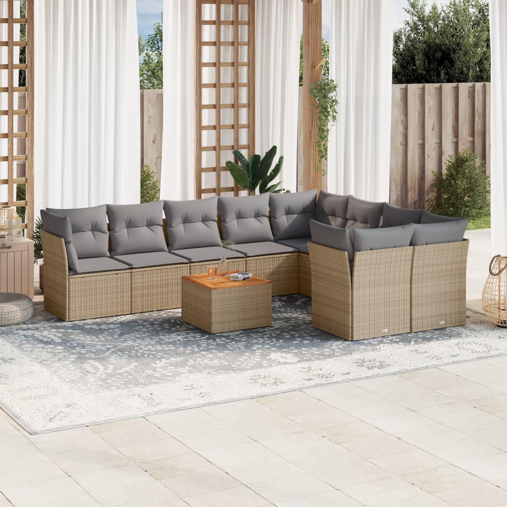 10 Pcs conjunto de sofás p/ jardim com almofadões vime PE bege