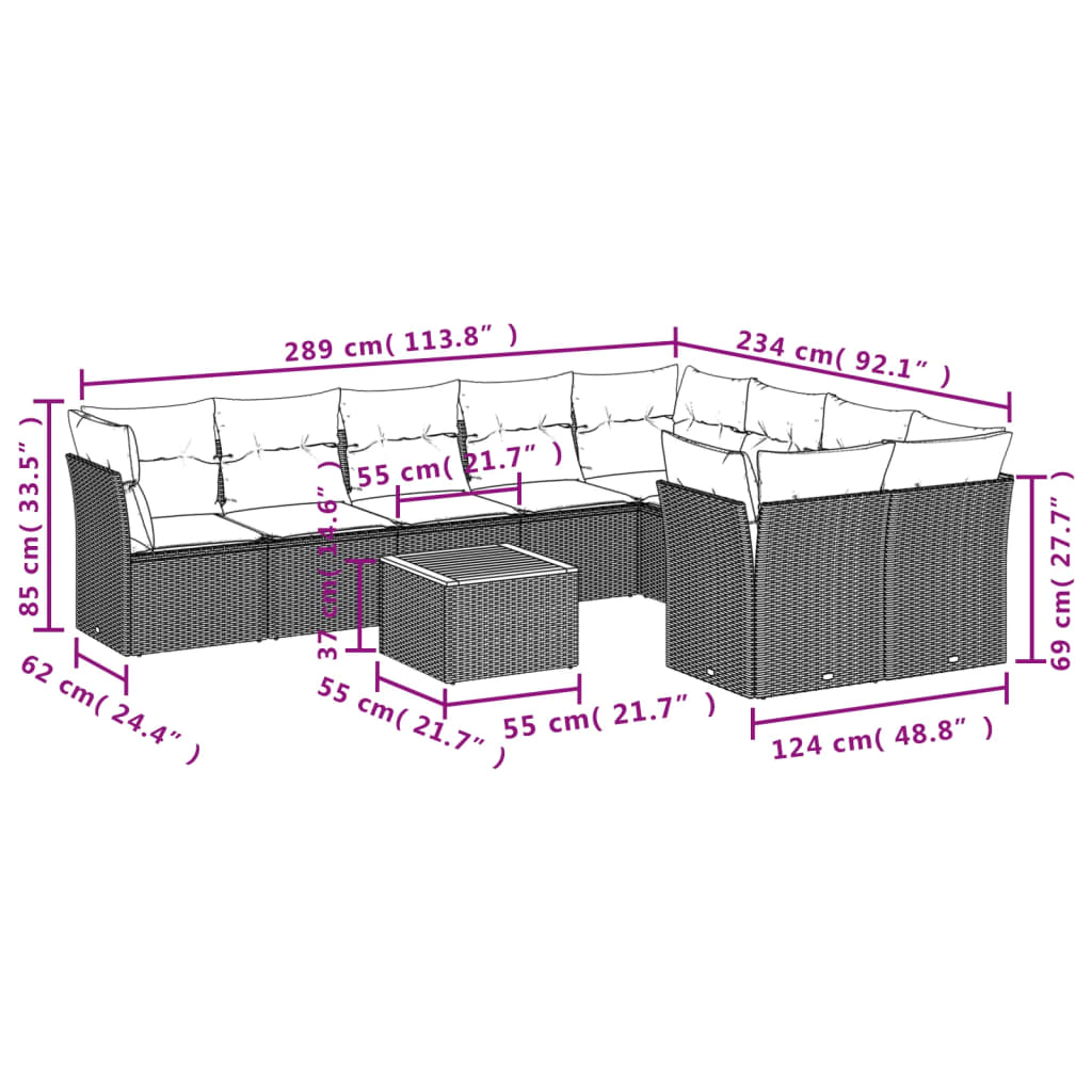 10 Pcs conjunto de sofás p/ jardim com almofadões vime PE bege