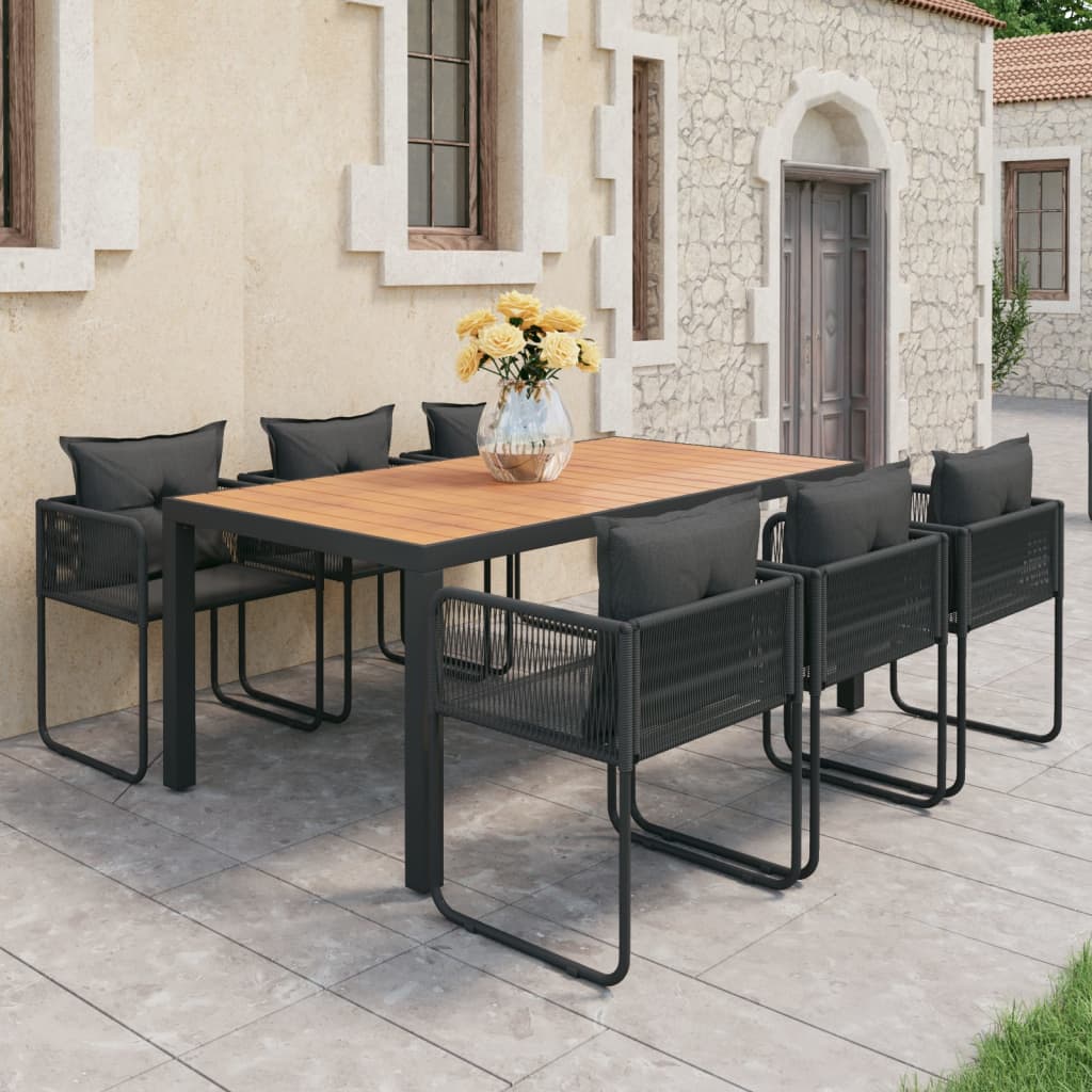 7 Pcs conjunto de jantar p/ jardim vime de PVC preto e castanho