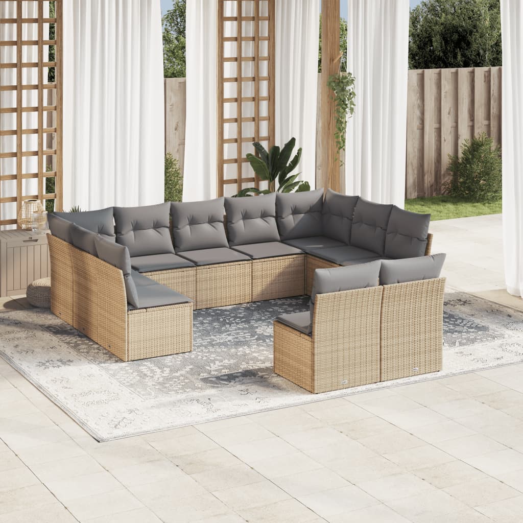 11 Pcs conjunto sofás de jardim c/ almofadões vime PE bege