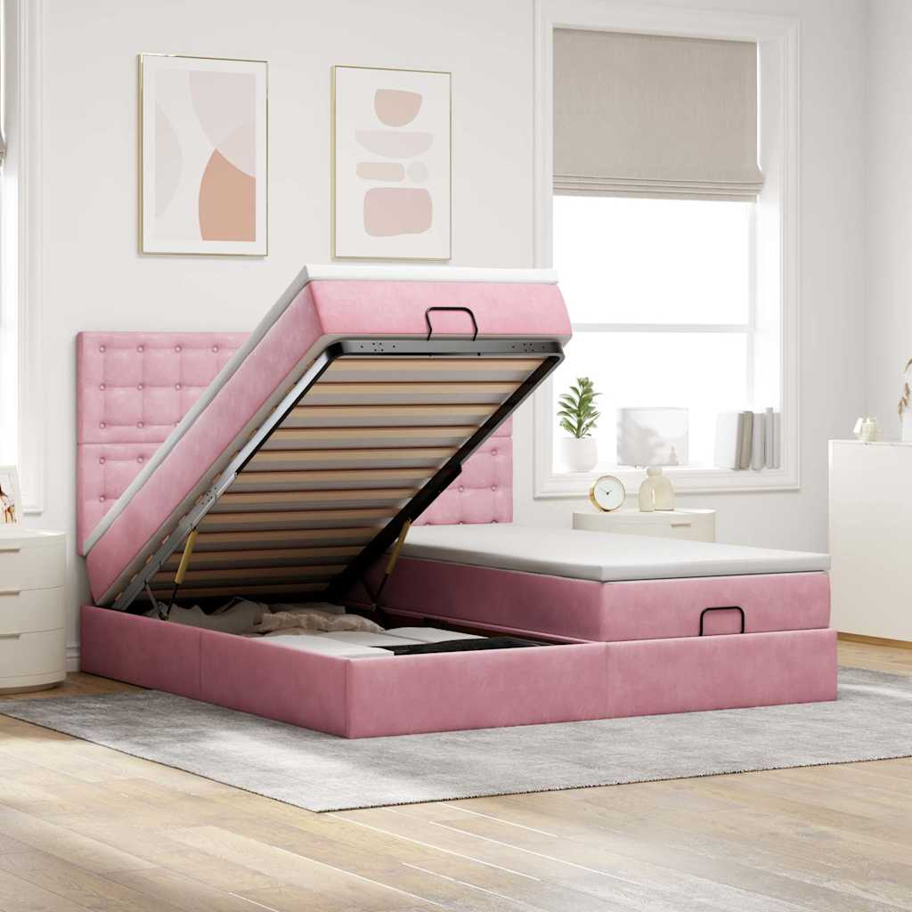 Moldura de cama otomana com colchão rosa 200x200cm veludo