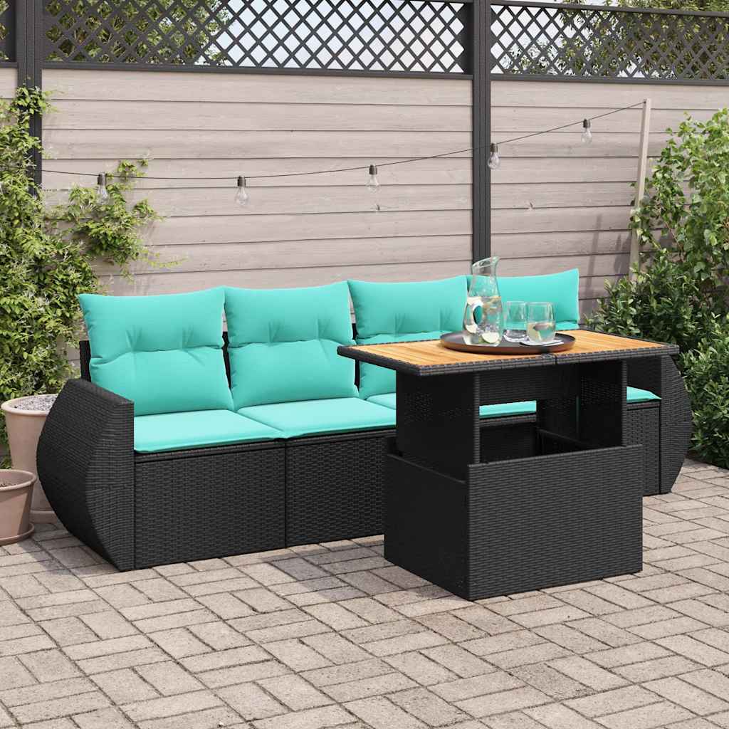5 Pcs conjunto sofás de jardim com almofadões vime PE preto