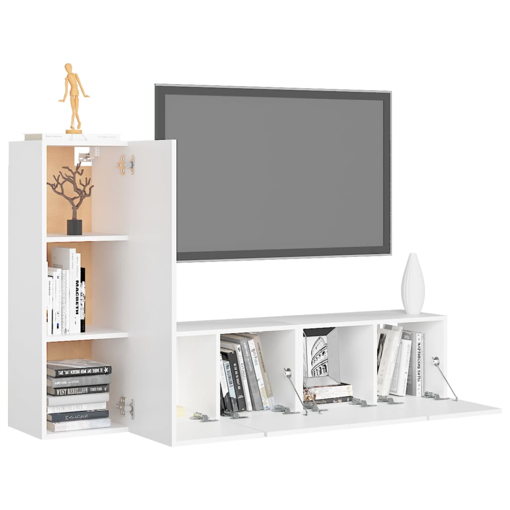 3 Pcs conjunto de móveis de TV derivados de madeira branco