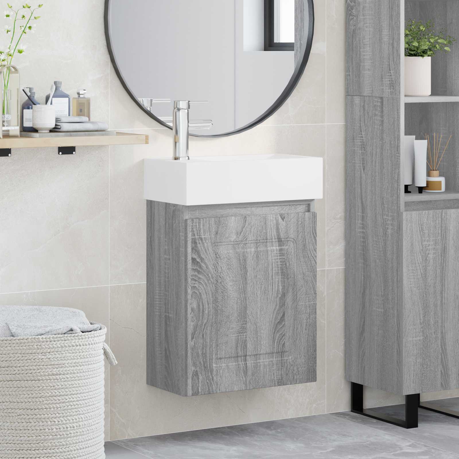Conjunto de móveis de banheiro com torneira sonoma cinzento
