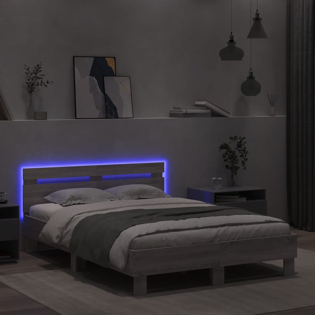 Estrutura cama c/ cabeceira/luzes LED 120x190cm cinzento sonoma