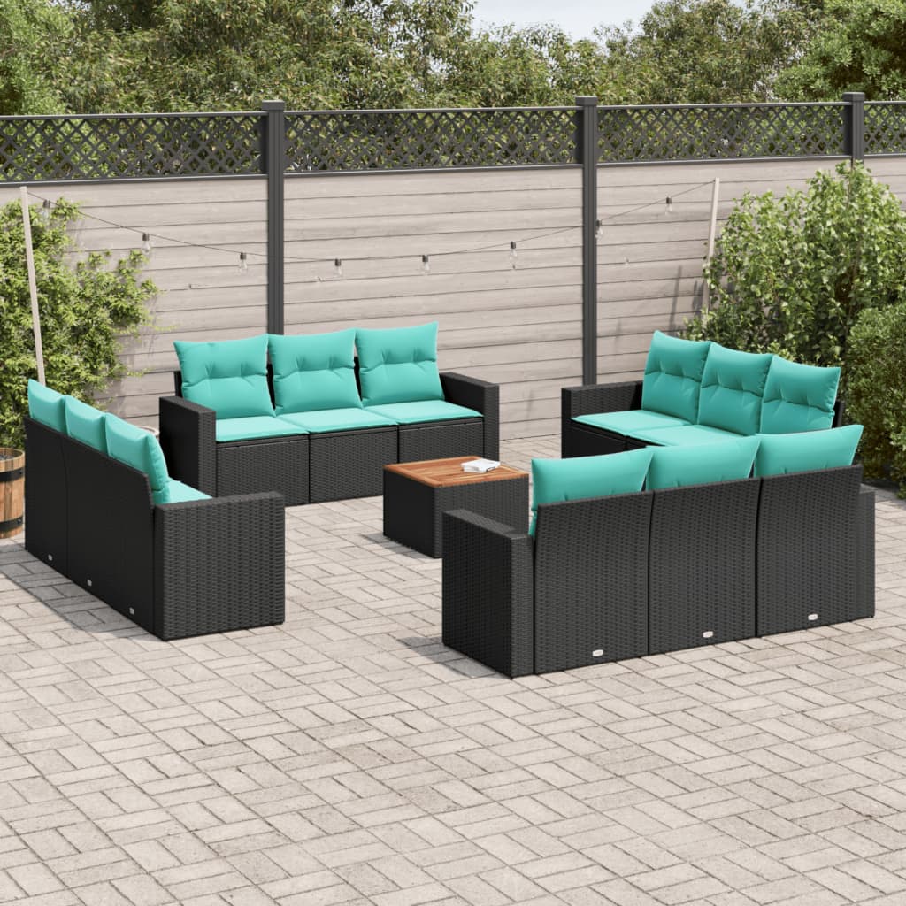 13 Pcs conjunto de sofás de jardim com almofadões vime PE preto