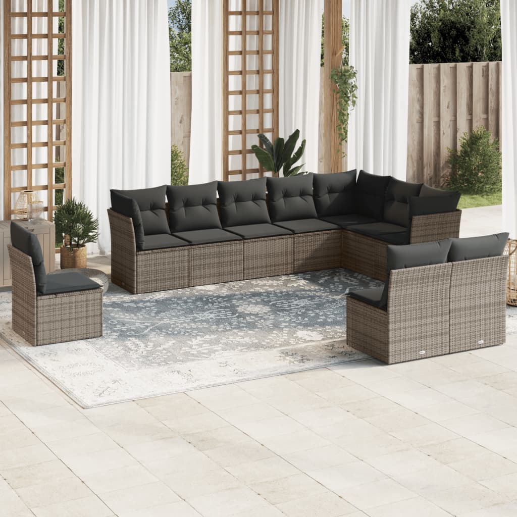 10 Pcs conjunto sofás de jardim c/ almofadões vime PE cinzento