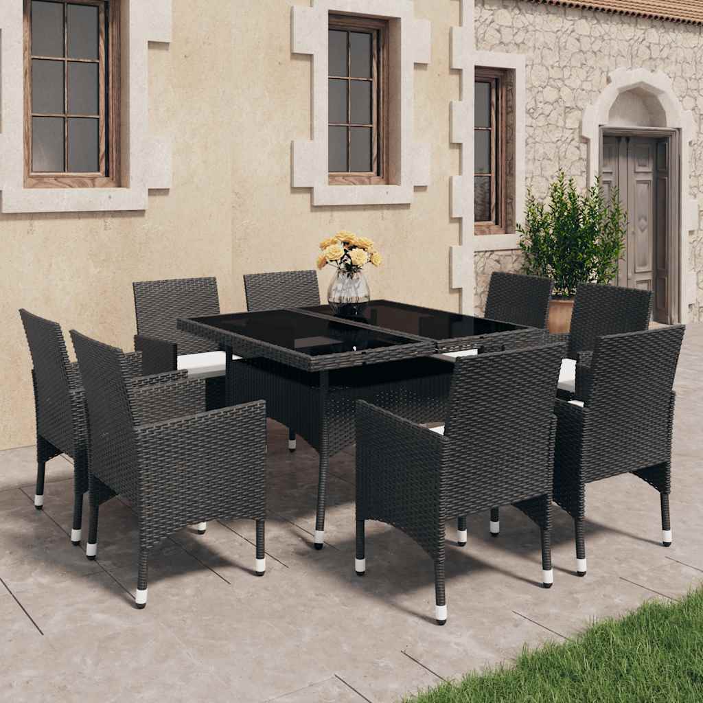 9 Pcs conjunto de jantar para jardim vime PE e vidro preto