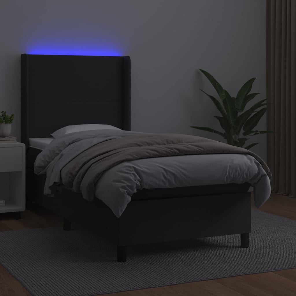 Cama box spring c/ colchão/LED 100x200cm couro artificial preto