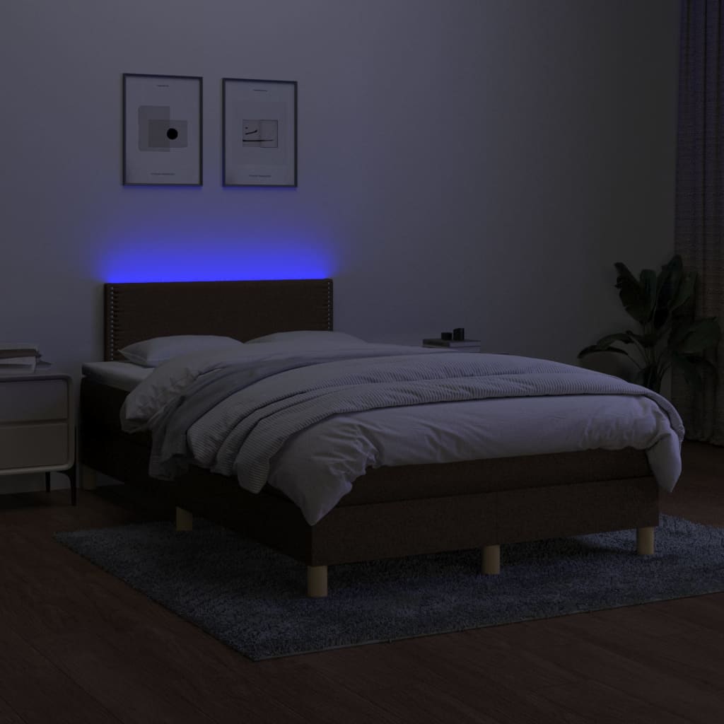 Cama box spring c/ colchão/LED 120x200cm tecido castanho-escuro