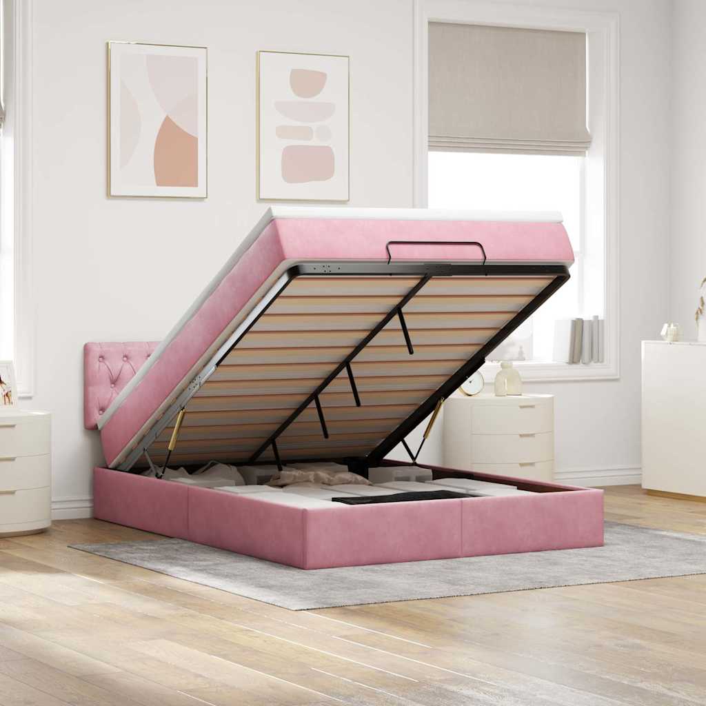 Estrutura de cama otomana com colchão 140x200 cm veludo rosa