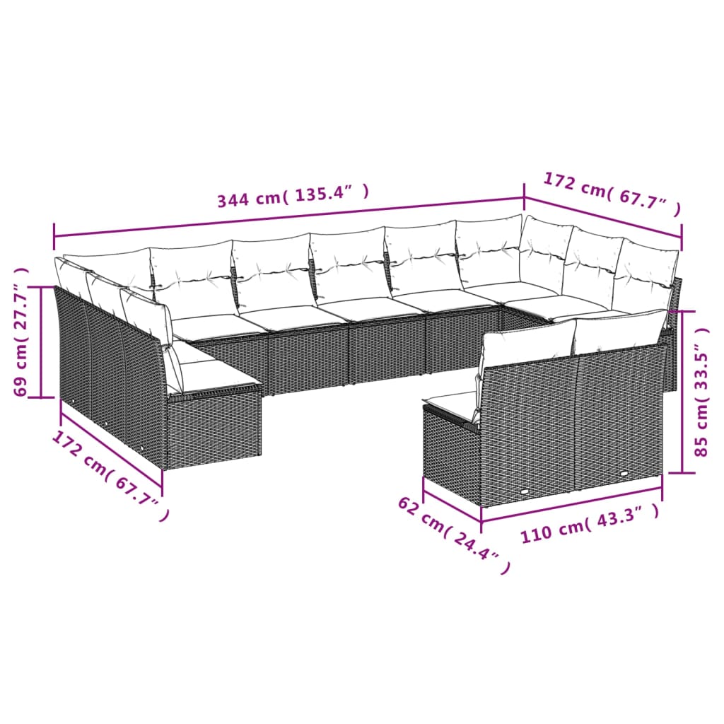 12 Pcs conjunto de sofás jardim c/ almofadões vime PE cinzento
