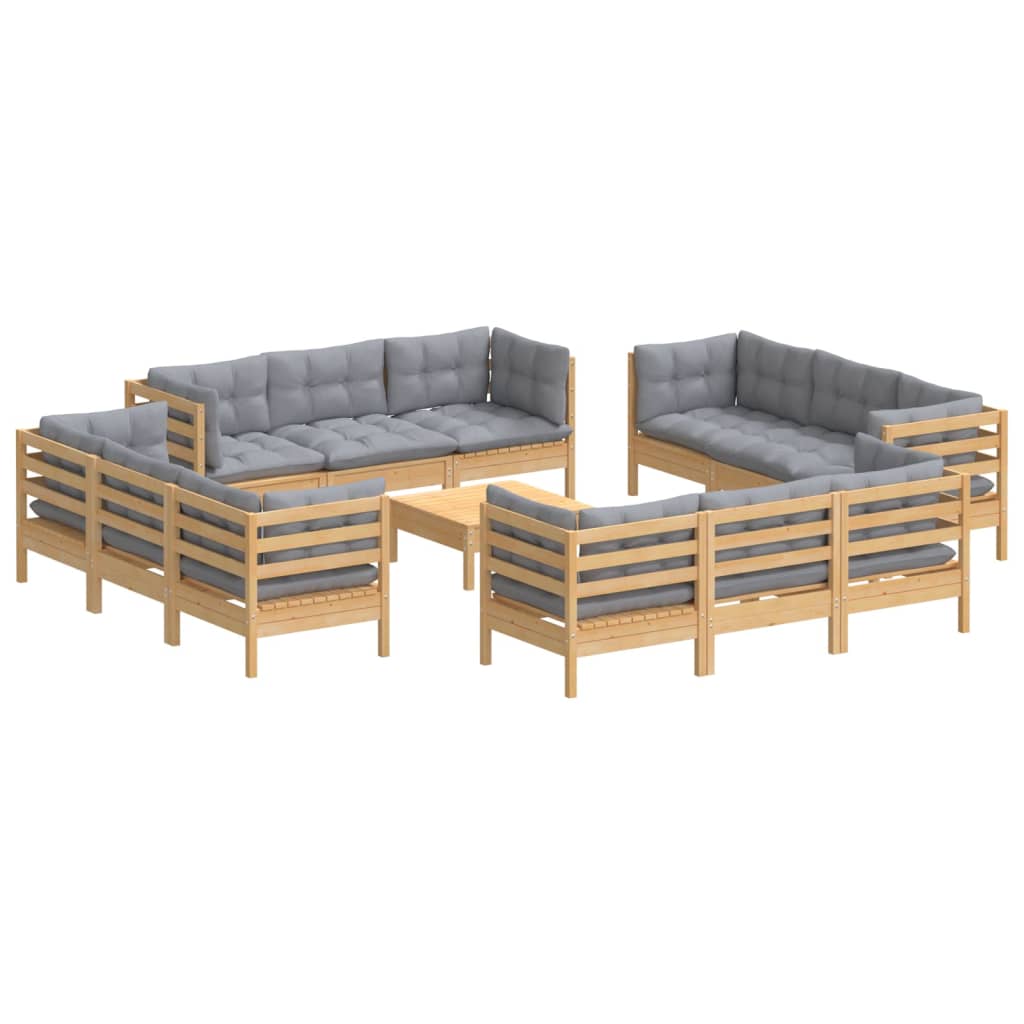 13 Pcs conjunto lounge de jardim c/ almofadões cinzentos pinho