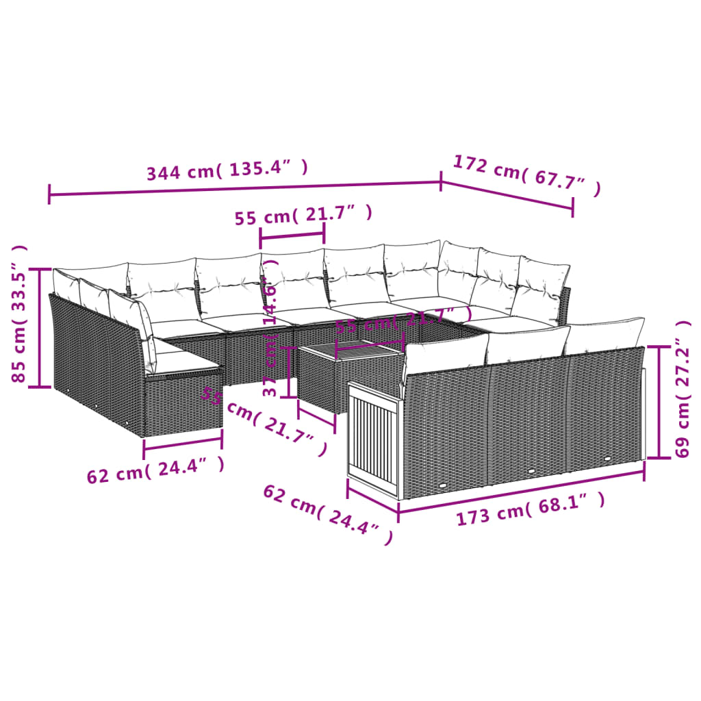 14 Pcs conjunto de sofás p/ jardim com almofadões vime PE bege