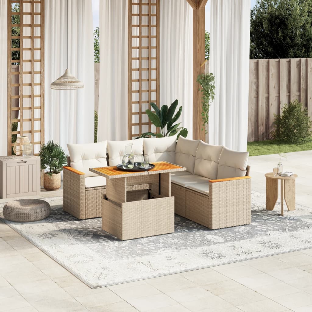 6 Pcs conjunto de sofás p/ jardim com almofadões vime PE bege