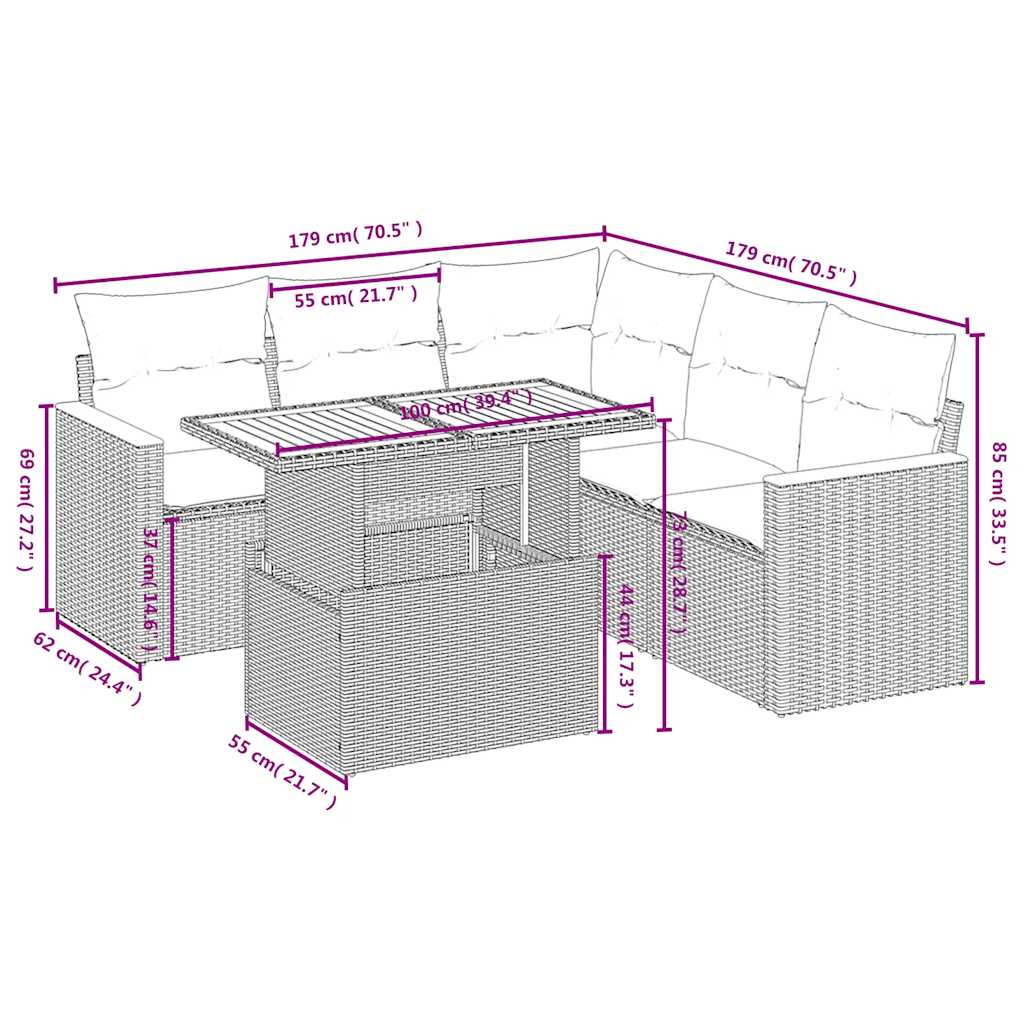 6 Pcs conjunto de sofás p/ jardim com almofadões vime PE bege