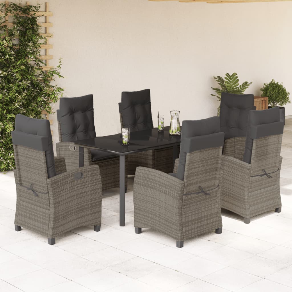 7 Pcs conjunto de jantar p/ jardim c/ almofadões vime PE cinza