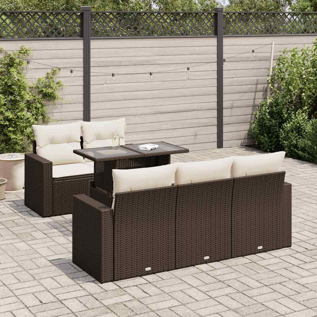 6 Pcs conjunto de sofás jardim c/ almofadões vime PE castanho