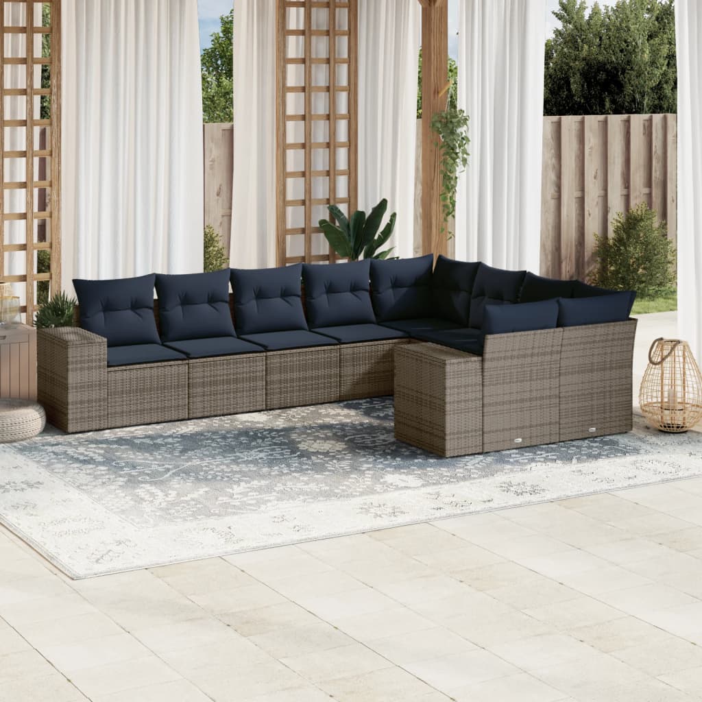 Conjunto de sofá de jardim de 9 peças com almofadas em rattan sintético cinza