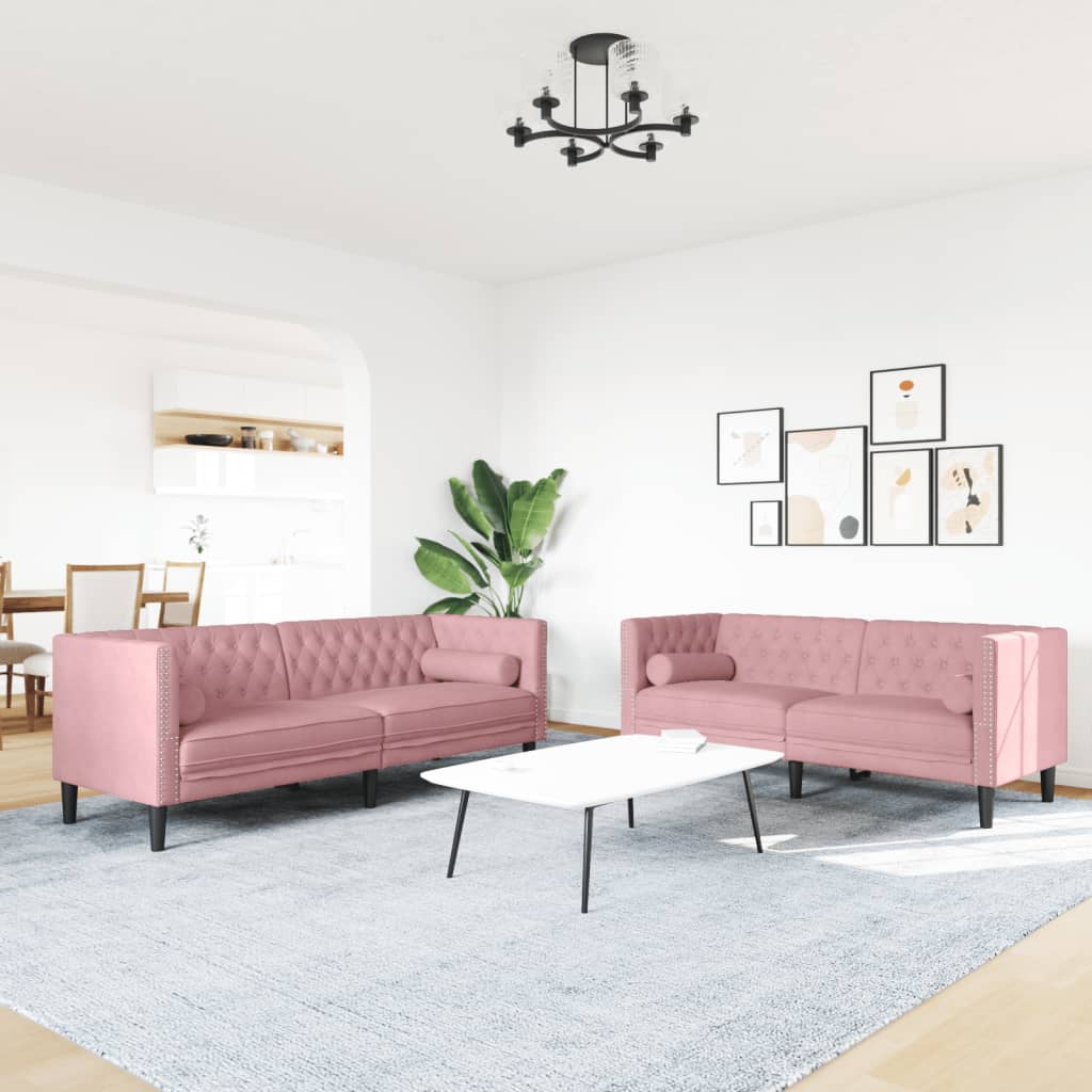 2 Pcs conjunto de sofás chesterfield com rolos veludo rosa