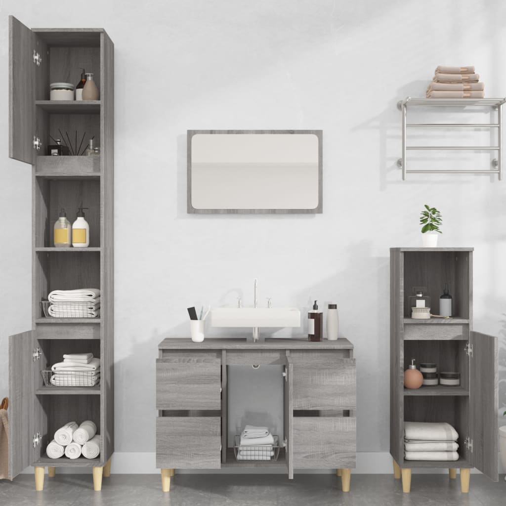 3 Pcs conjunto móveis casa de banho madeira proc. cinza sonoma