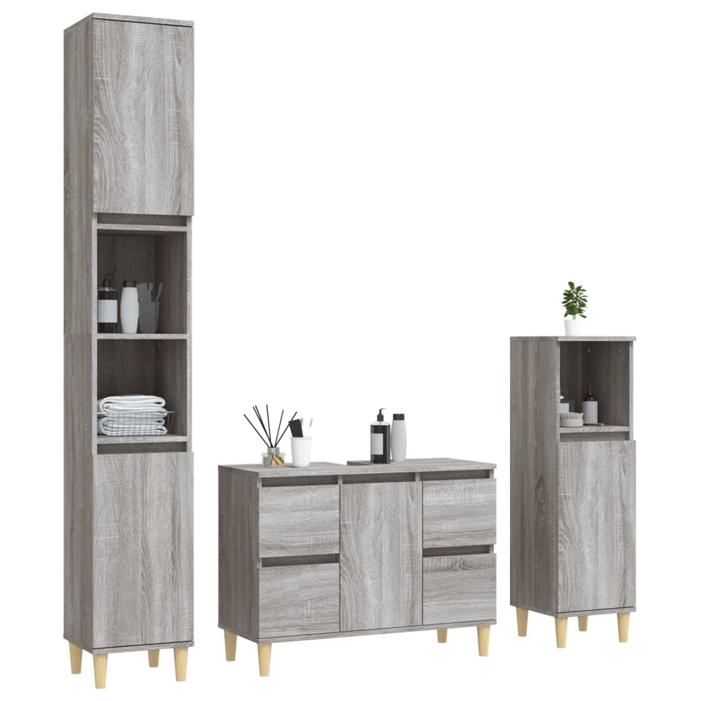 3 Pcs conjunto móveis casa de banho madeira proc. cinza sonoma