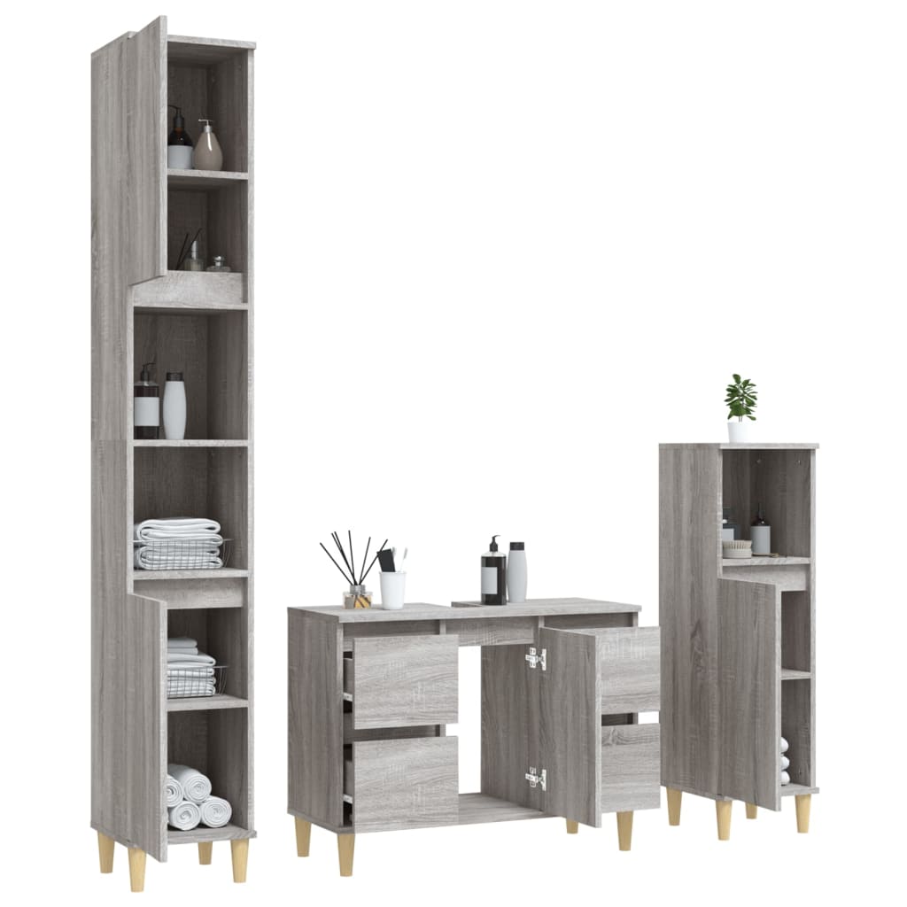 3 Pcs conjunto móveis casa de banho madeira proc. cinza sonoma