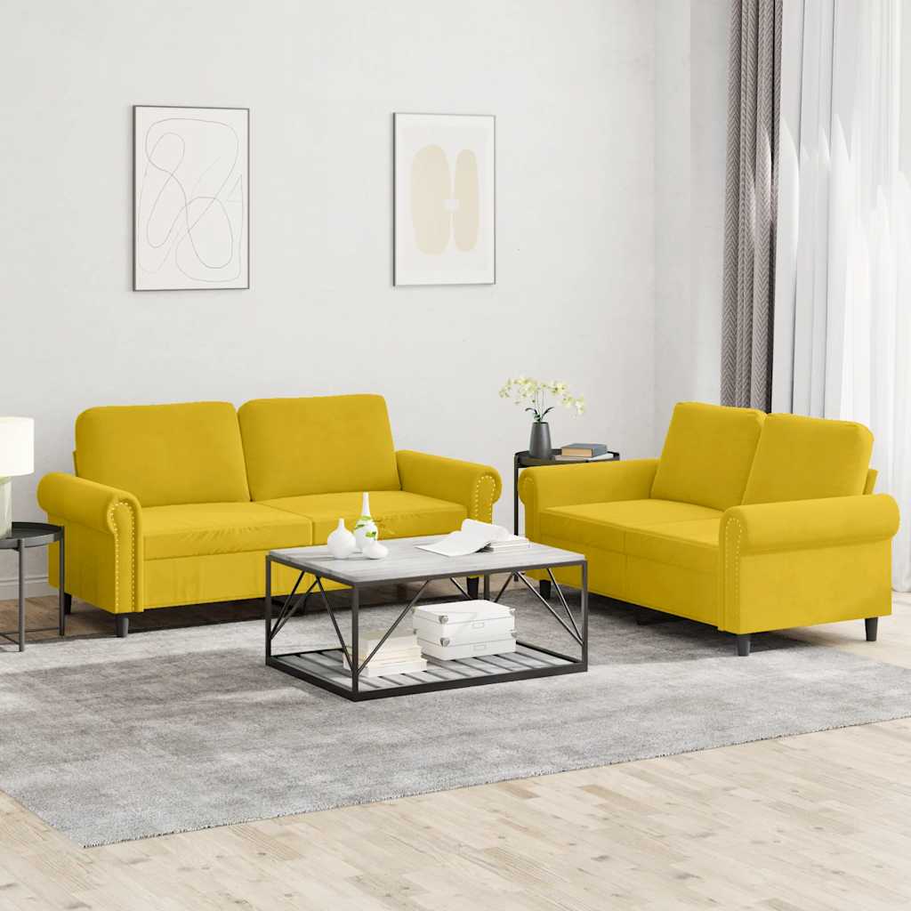 2 Pcs conjunto de sofás com almofadões veludo amarelo