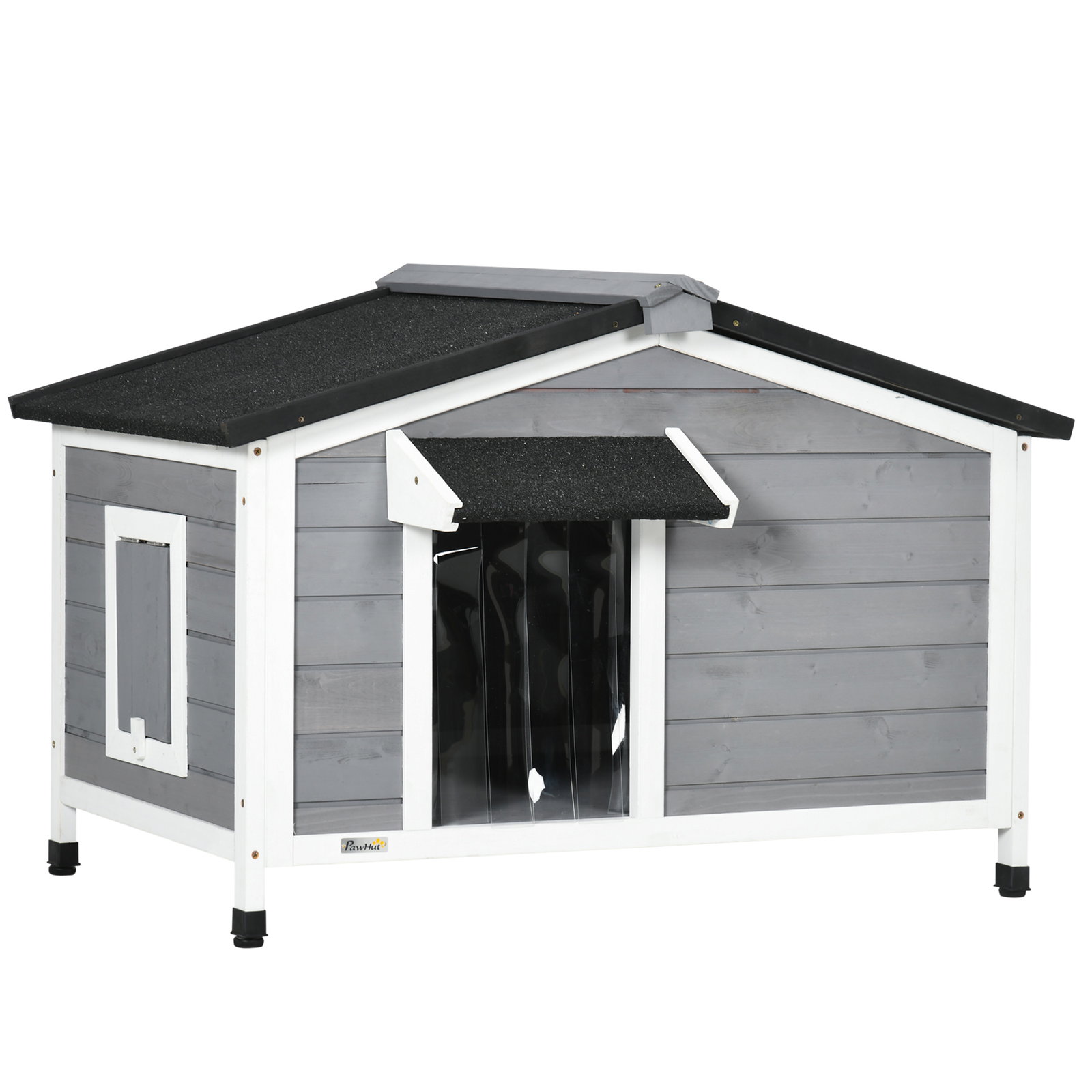 Casa para cães de madeira casa para animais de estimação com teto asfáltico 2 janelas porta com cortina 97x72x65 cm cinza