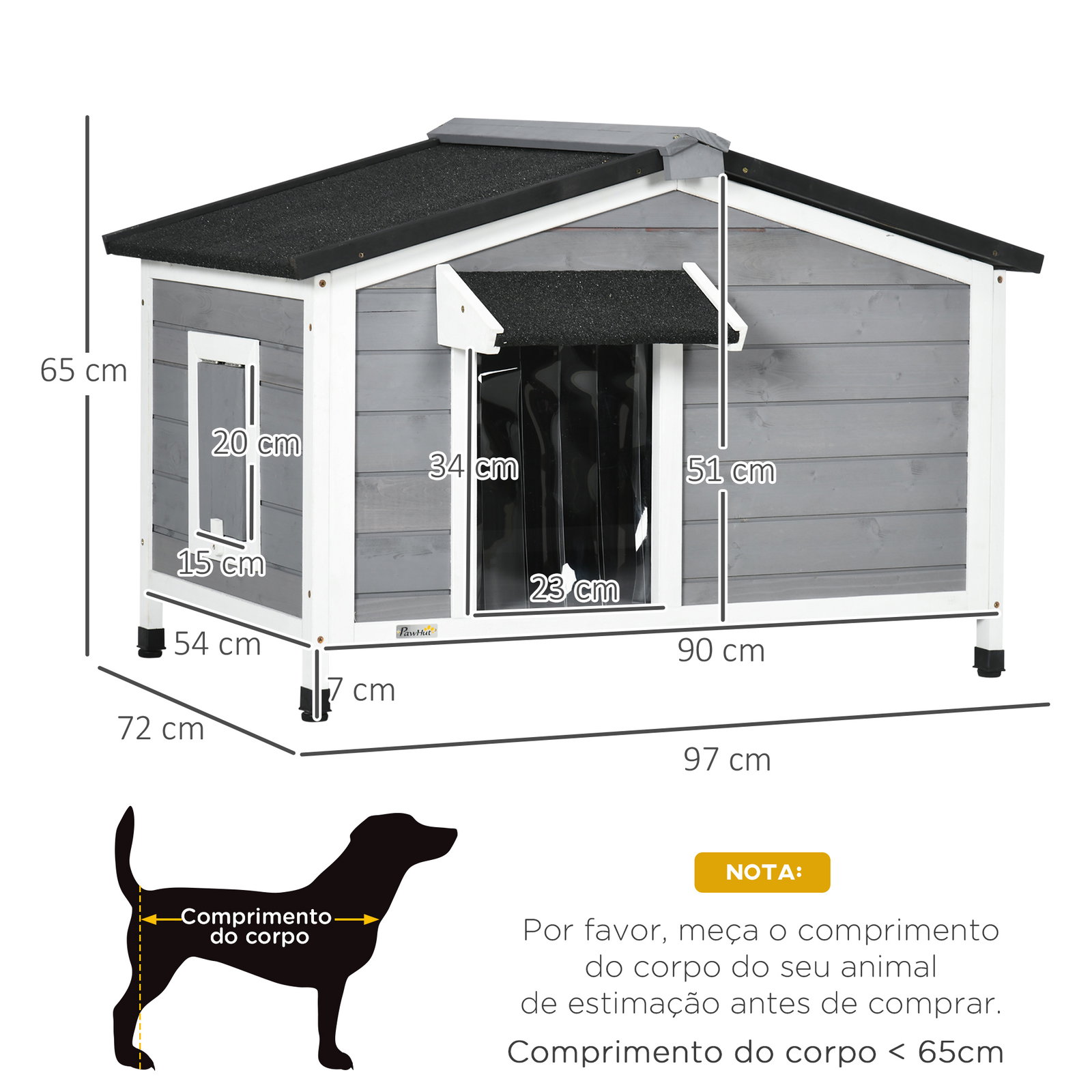 Casa para cães de madeira casa para animais de estimação com teto asfáltico 2 janelas porta com cortina 97x72x65 cm cinza