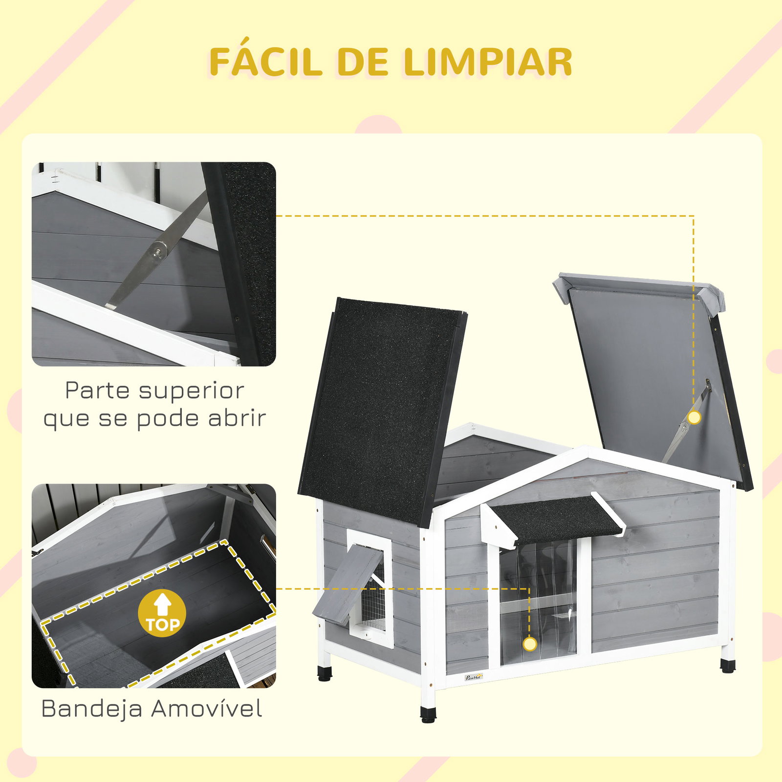 Casa para cães de madeira casa para animais de estimação com teto asfáltico 2 janelas porta com cortina 97x72x65 cm cinza