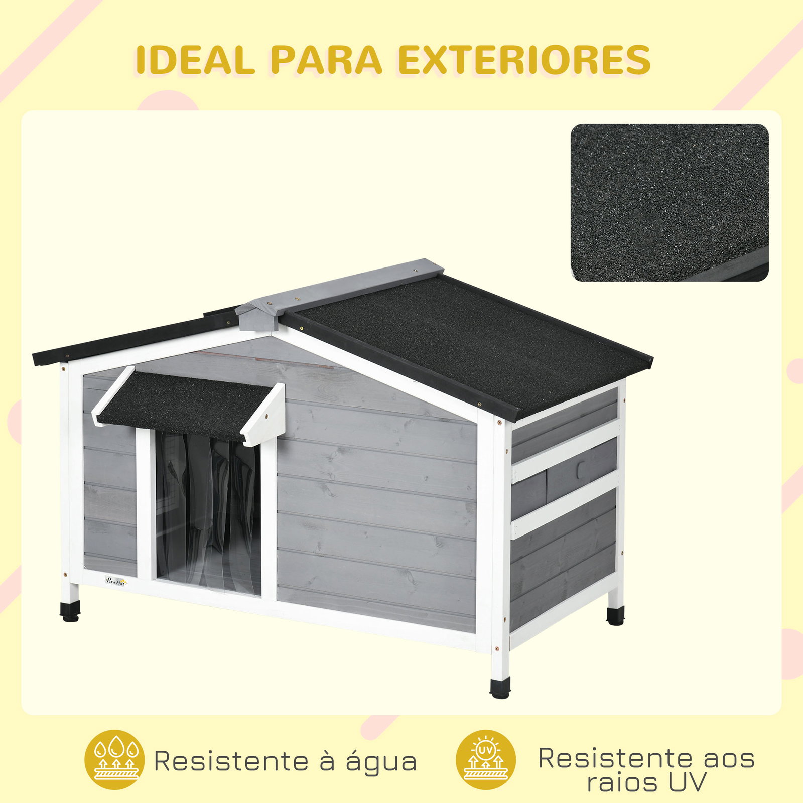 Casa para cães de madeira casa para animais de estimação com teto asfáltico 2 janelas porta com cortina 97x72x65 cm cinza