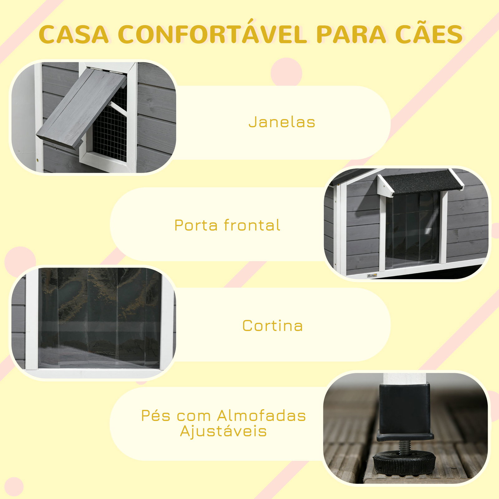 Casa para cães de madeira casa para animais de estimação com teto asfáltico 2 janelas porta com cortina 97x72x65 cm cinza