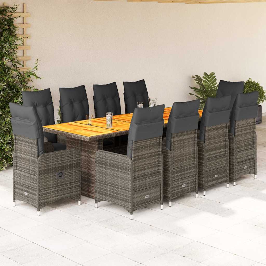 11 Pcs conjunto bistrô de jardim c/ almofadões vime PE cinzento