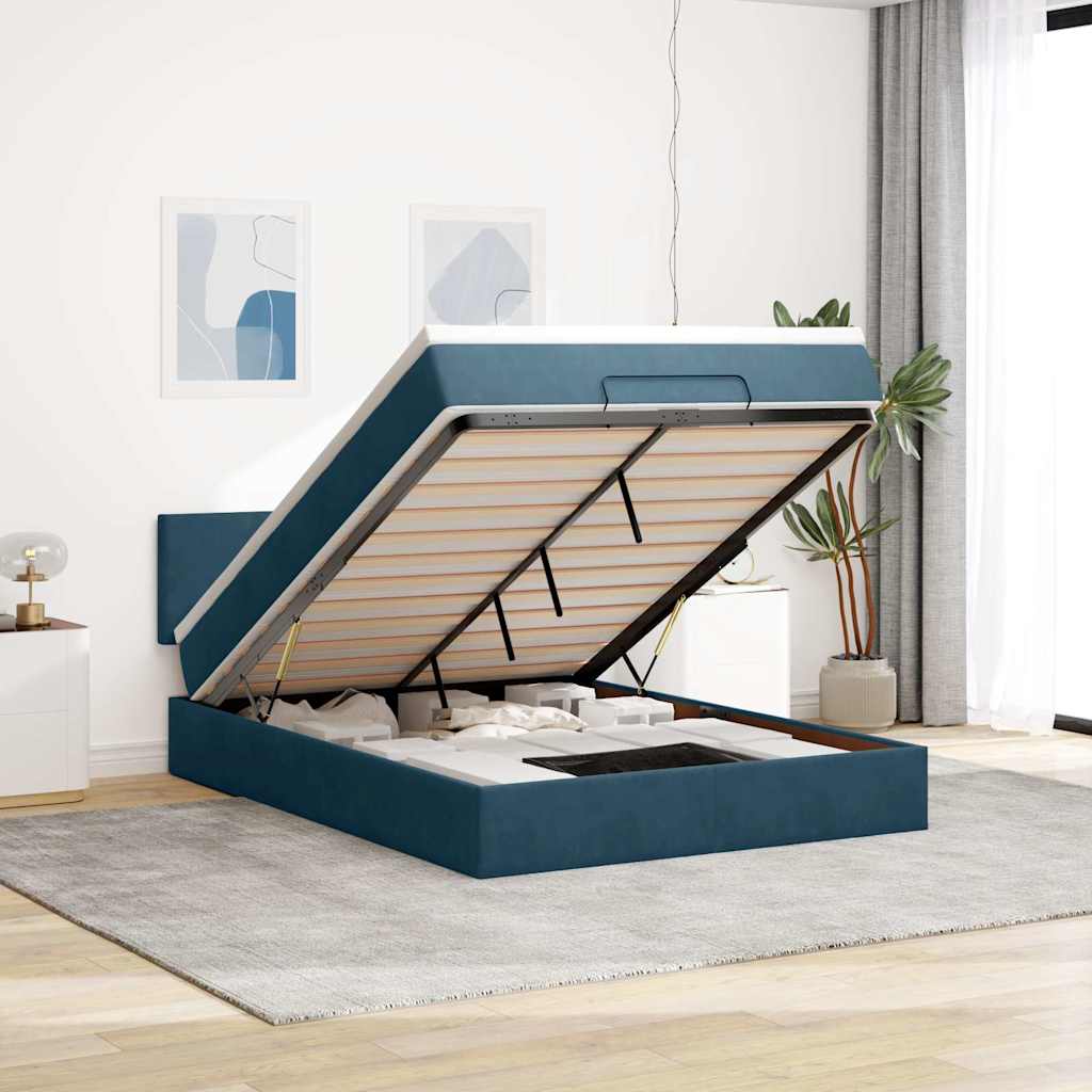 Estrutura de cama otomana com colchão 140x200 cm azul escuro