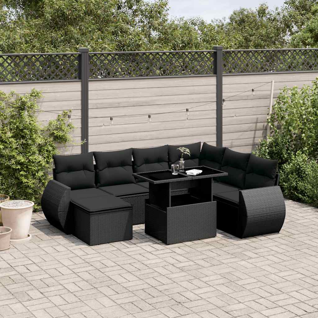 8 Pcs conjunto sofás de jardim com almofadões vime PE preto