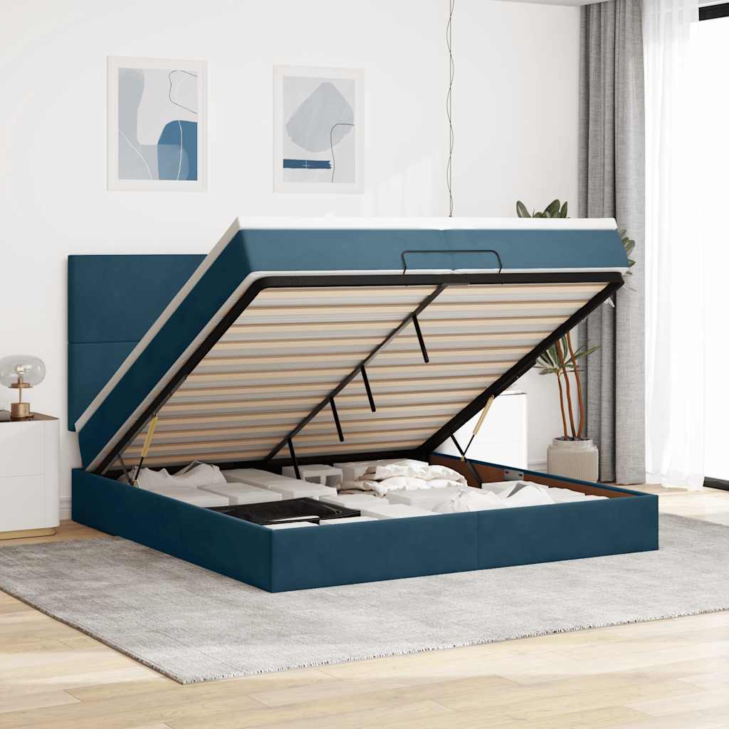 Estrutura de cama otomana com colchão azul escuro veludo