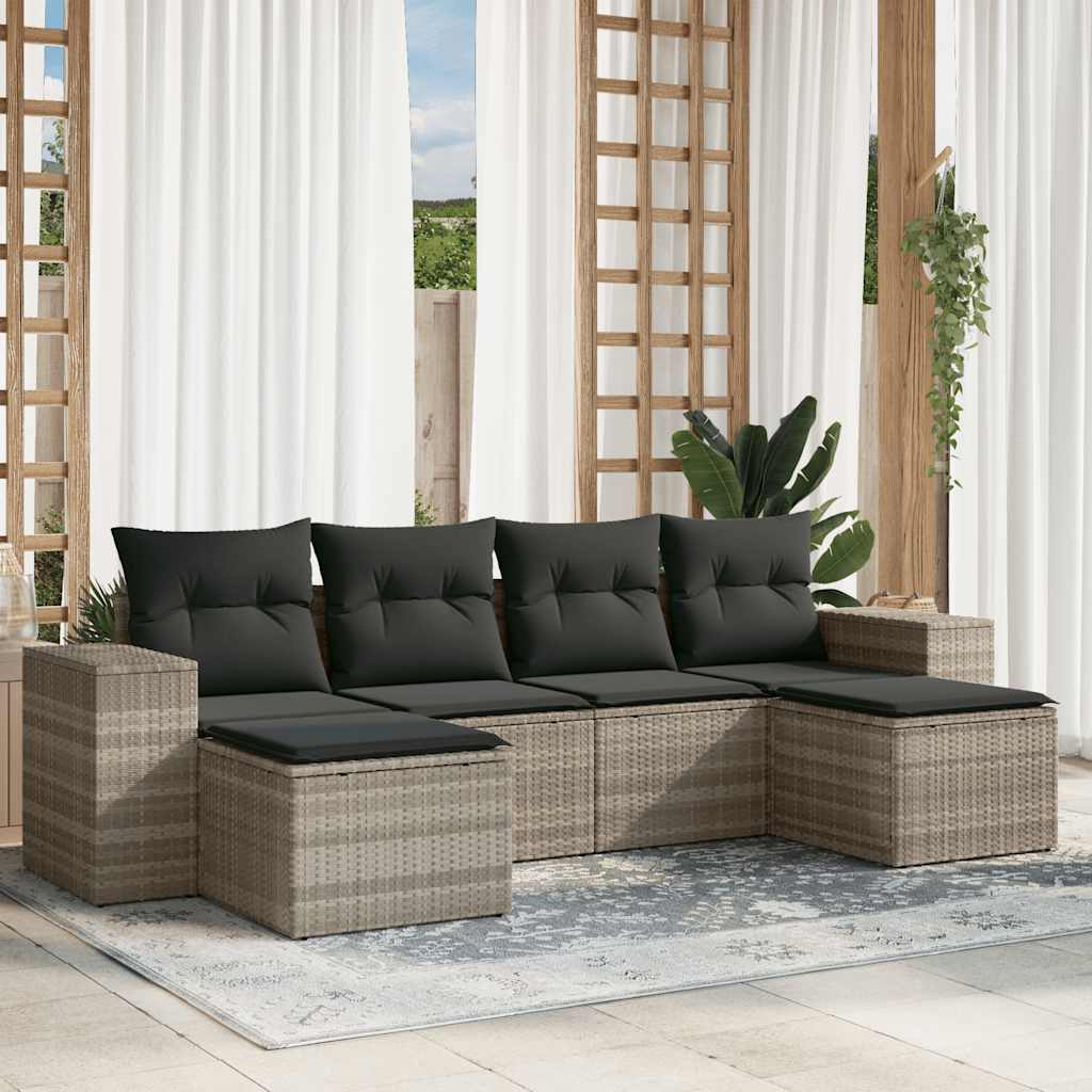6 Pcs conj. sofás jardim com almofadões vime PE cinzento-claro