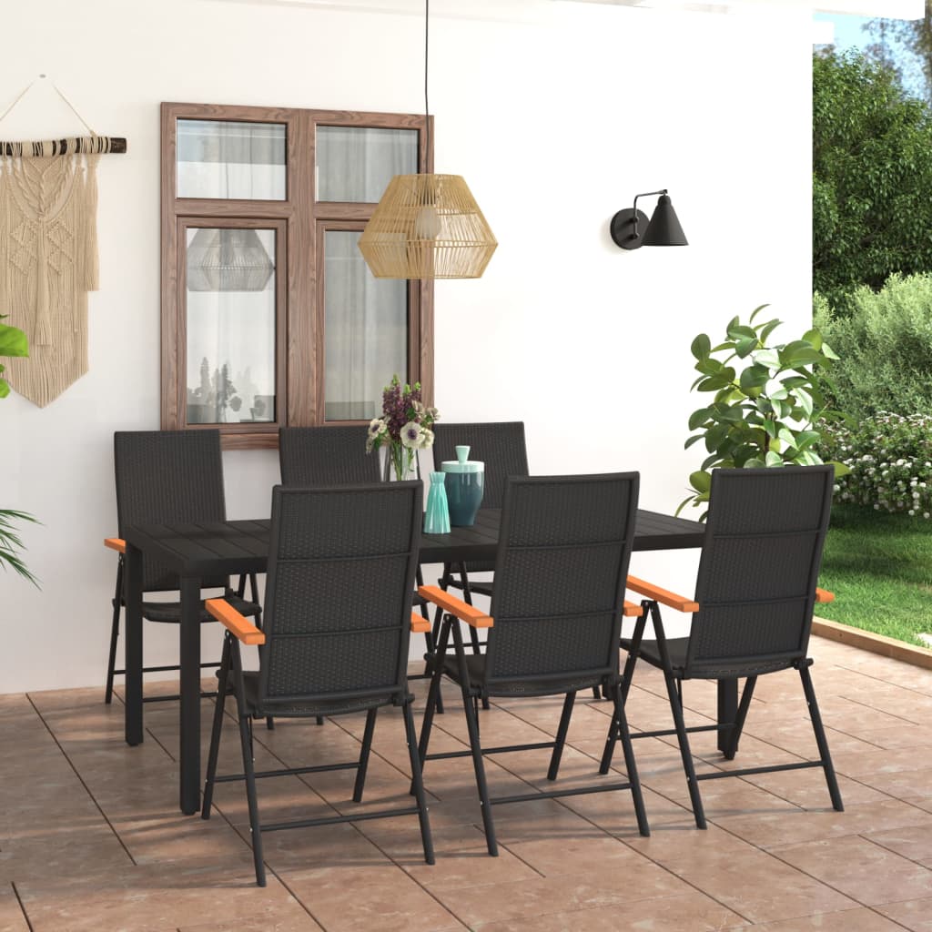 7 Pcs conjunto de jantar para jardim preto e castanho