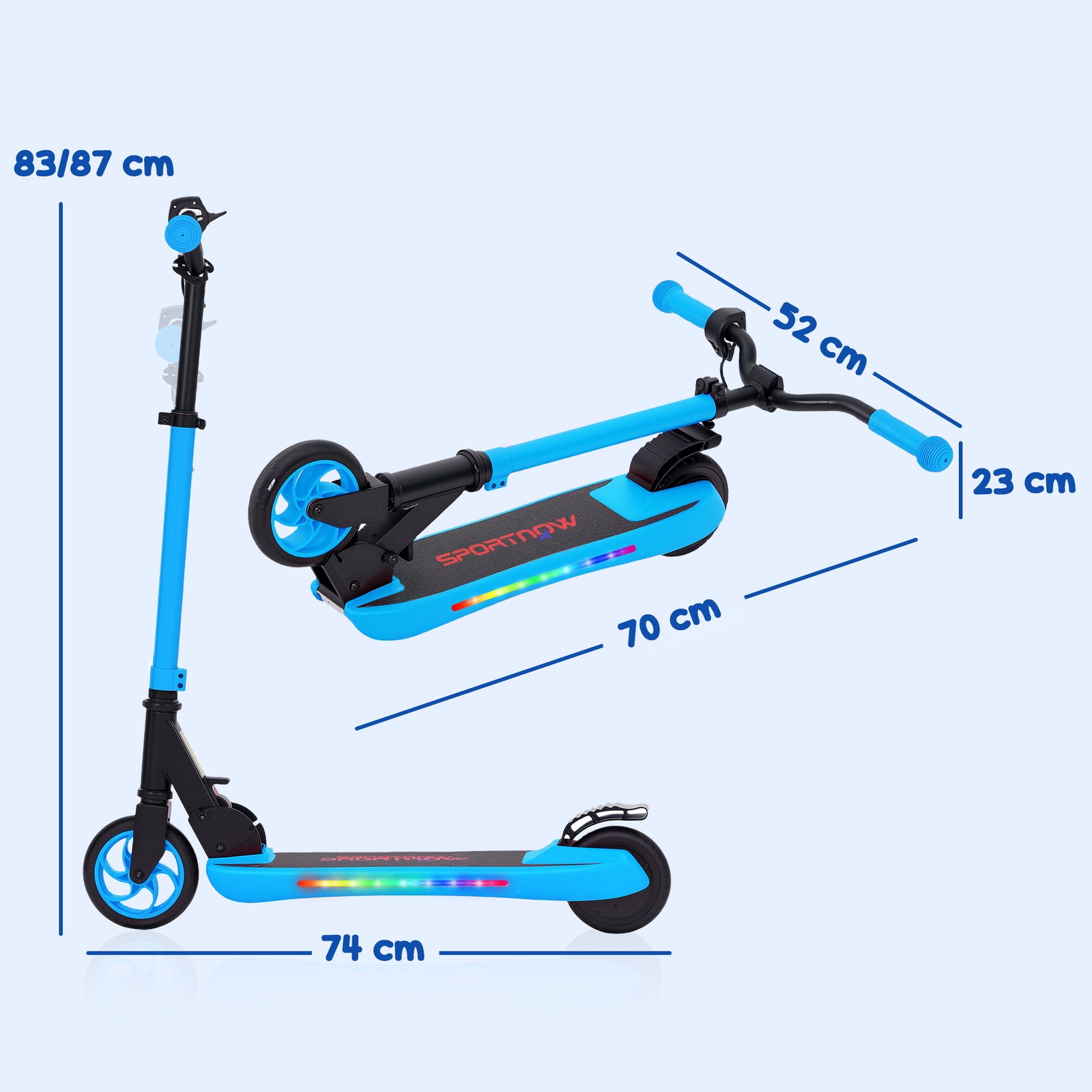 Trotinete elétrica dobrável para crianças 120 w autonomia 6 km e máximo 10 km/h com travão luzes LED 74x52x83-87 cm azul