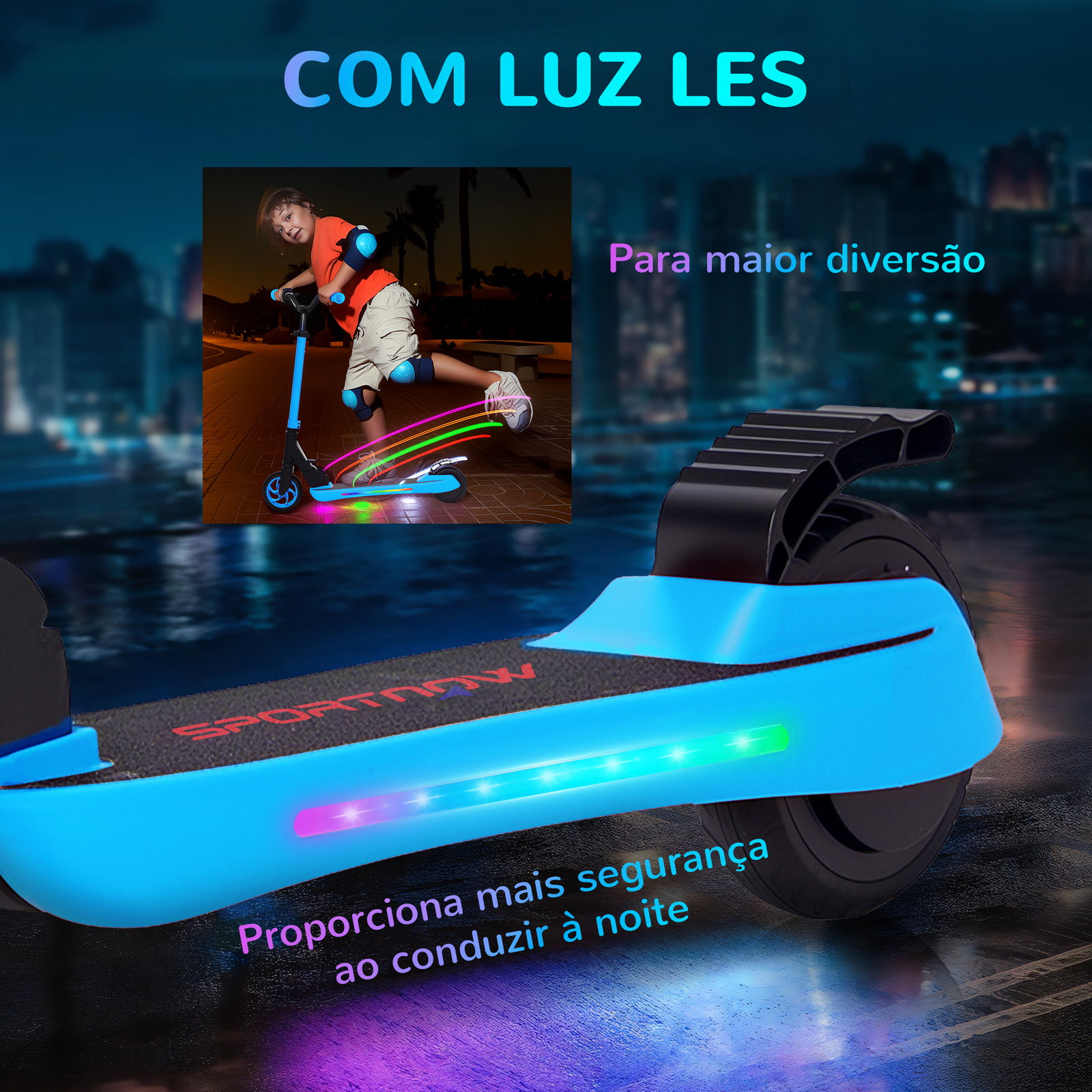 Trotinete elétrica dobrável para crianças 120 w autonomia 6 km e máximo 10 km/h com travão luzes LED 74x52x83-87 cm azul