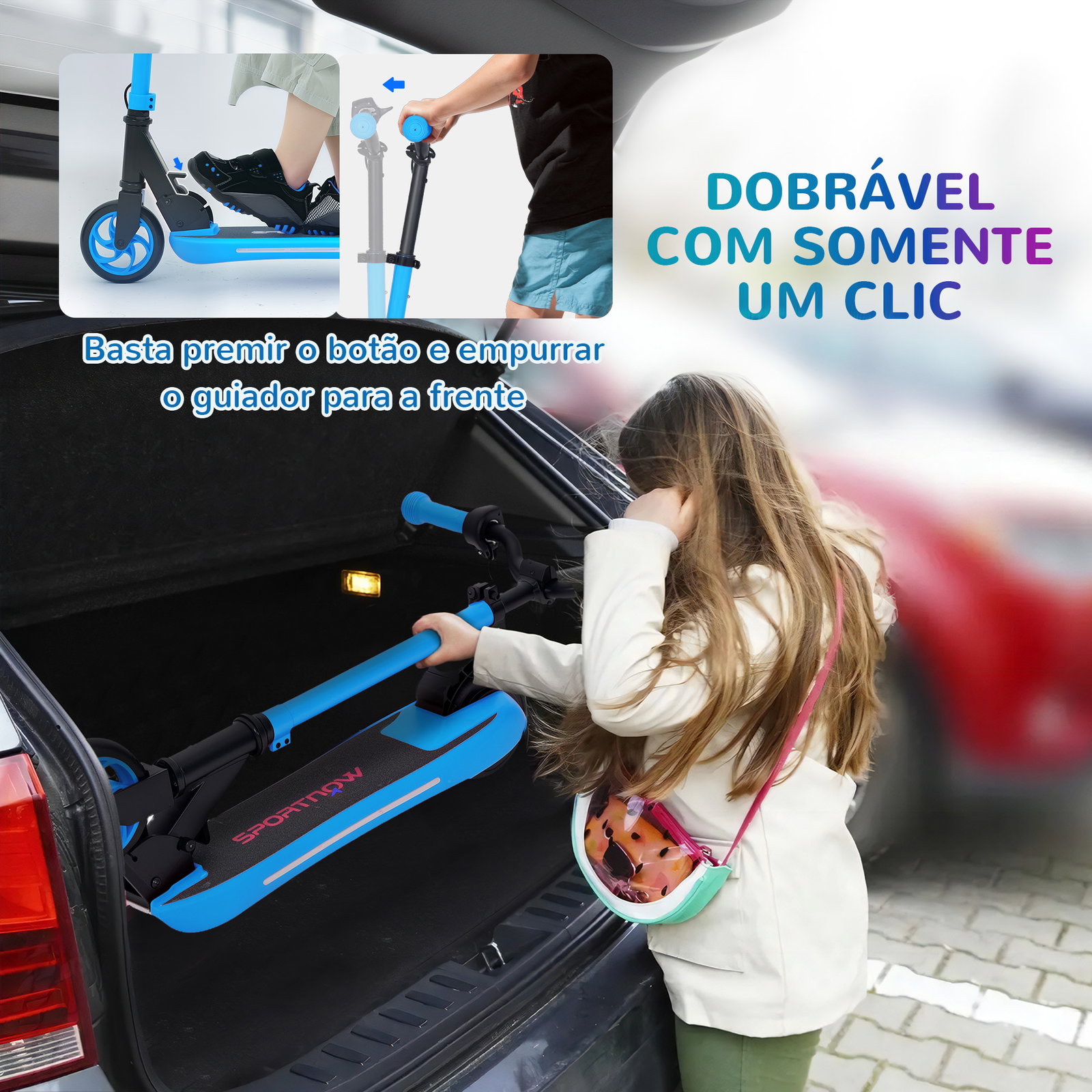Trotinete elétrica dobrável para crianças 120 w autonomia 6 km e máximo 10 km/h com travão luzes LED 74x52x83-87 cm azul