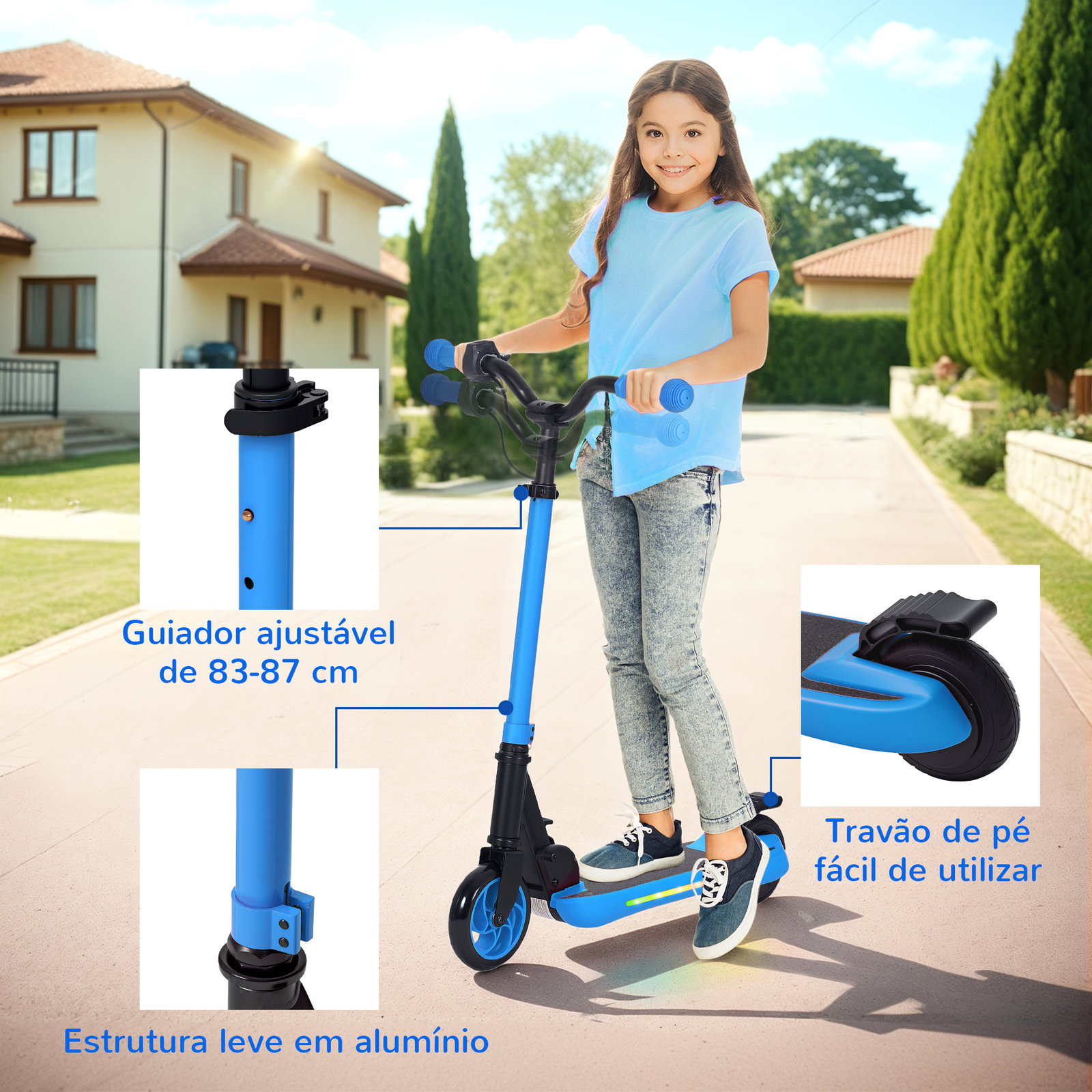 Trotinete elétrica dobrável para crianças 120 w autonomia 6 km e máximo 10 km/h com travão luzes LED 74x52x83-87 cm azul