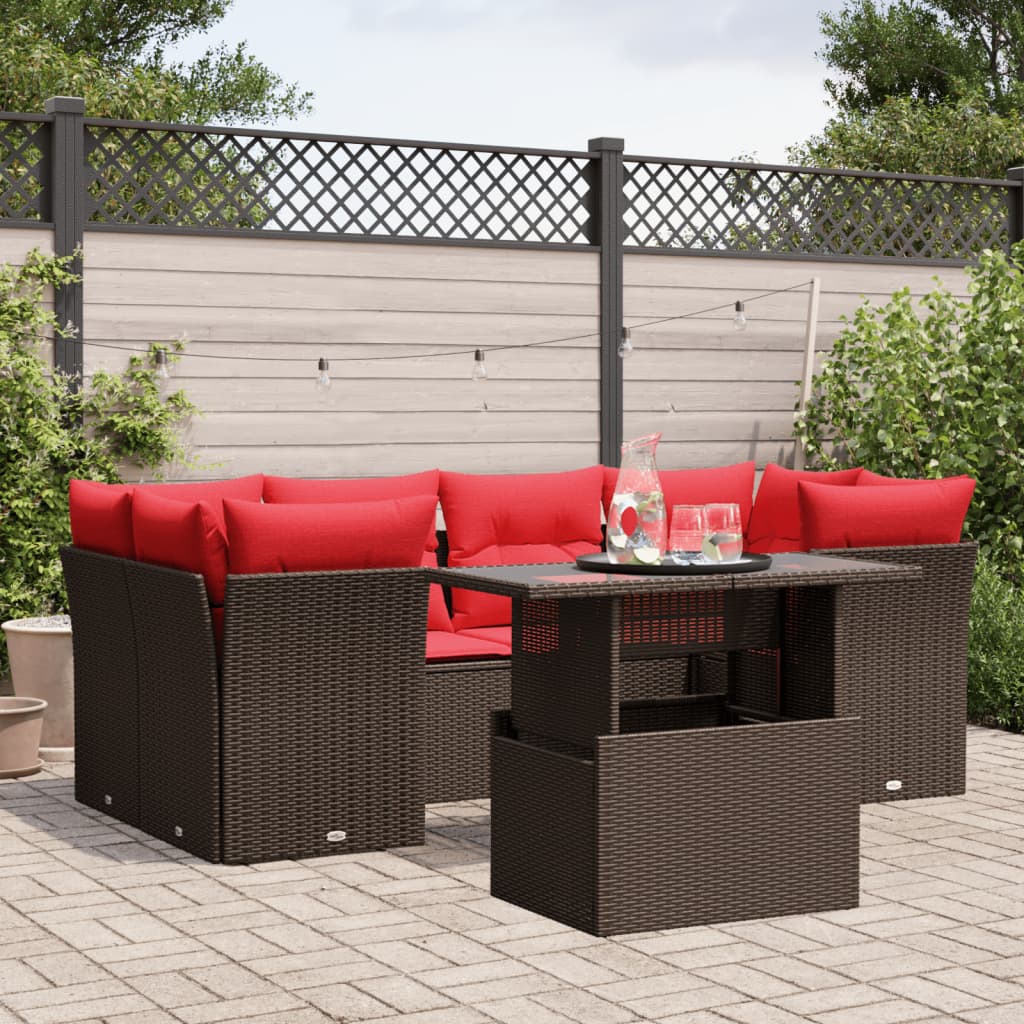 Conjunto de sofá de jardim com 7 peças e almofadas em rattan sintético marrom