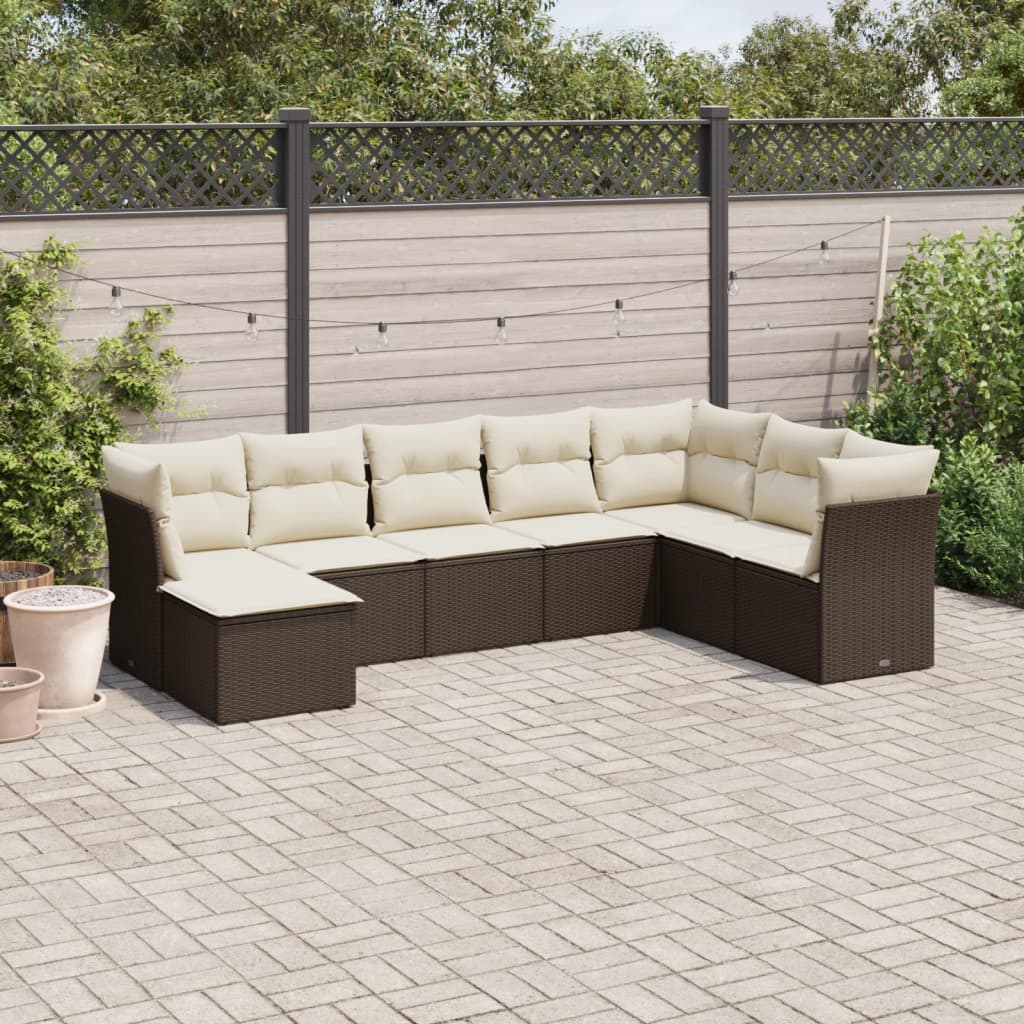 8 Pcs conjunto sofás de jardim c/ almofadões vime PE castanho