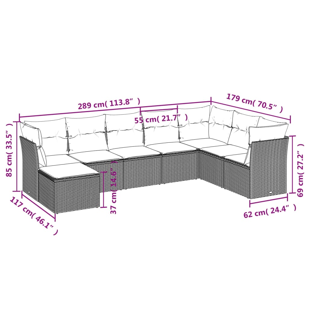 8 Pcs conjunto sofás de jardim c/ almofadões vime PE castanho