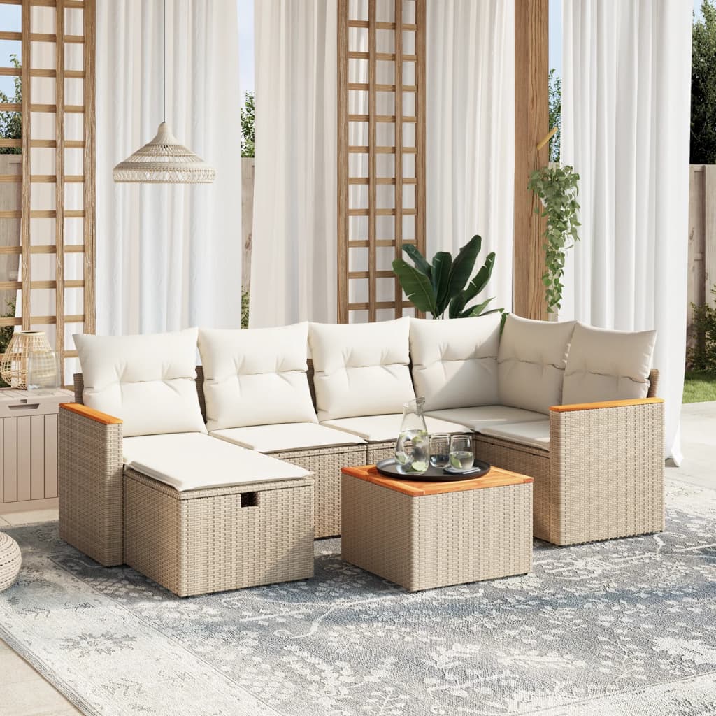 7 Pcs conjunto de sofás p/ jardim com almofadões vime PE bege
