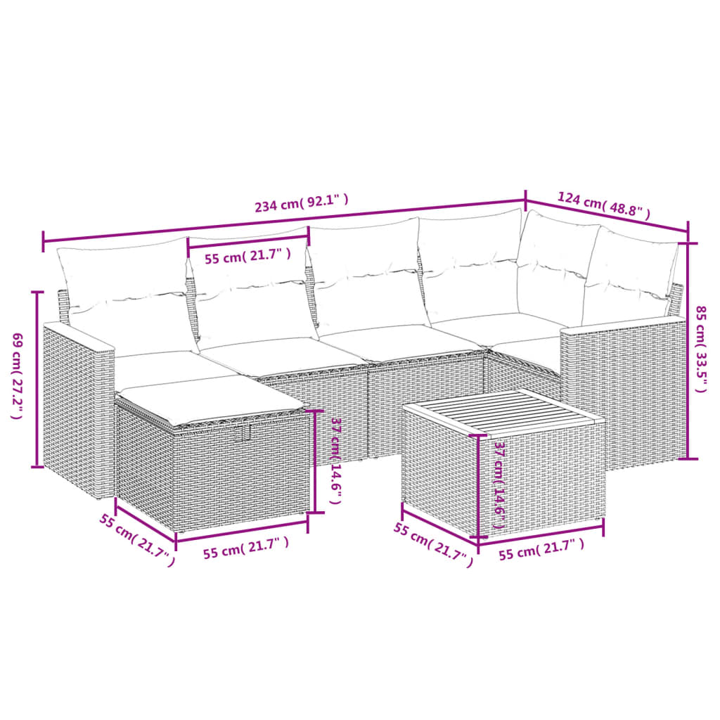 7 Pcs conjunto de sofás p/ jardim com almofadões vime PE bege