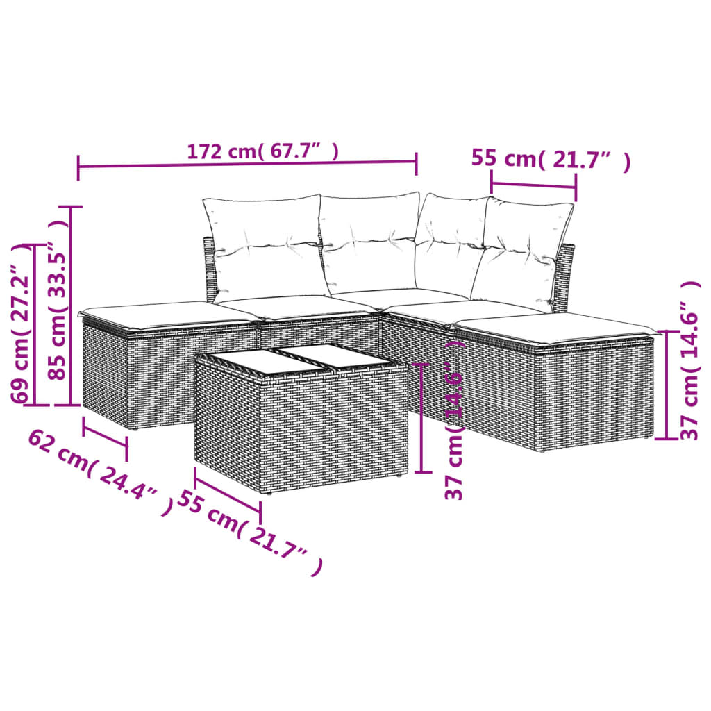 6 Pcs conjunto sofás de jardim c/ almofadões vime PE preto
